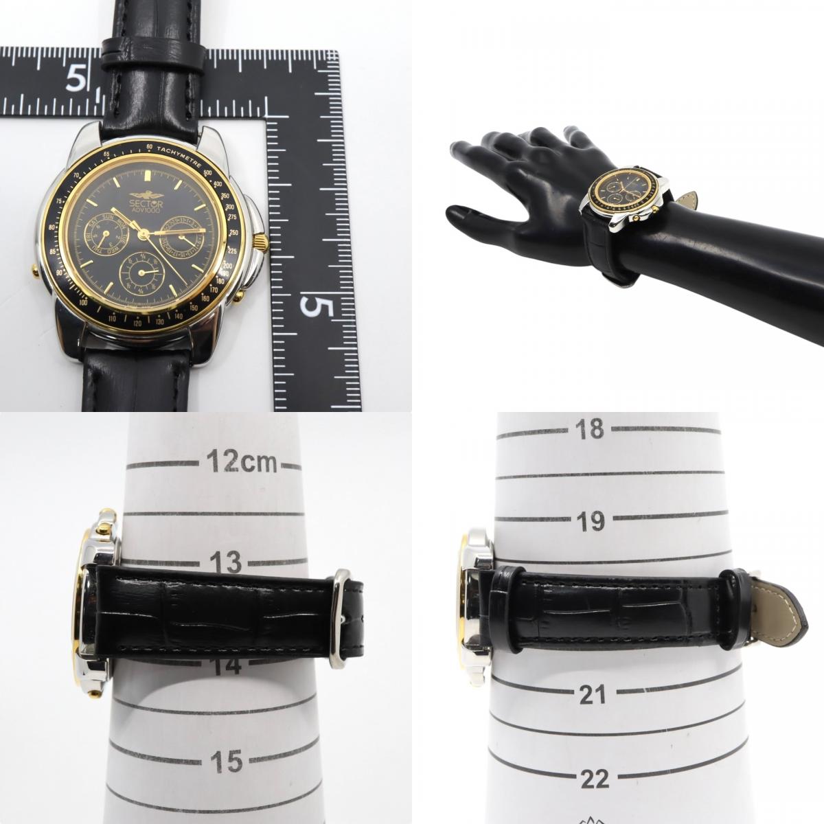 美品 電池交換済 新品ベルト セクター SECTOR ADV1000 腕時計 メンズウォッチ クロノグラフ タキメーター クォーツ ブラック文字盤 シルバー ゴールド ステンレス レザーベルト アナログ スポーツウォッチ 稼働品 G3