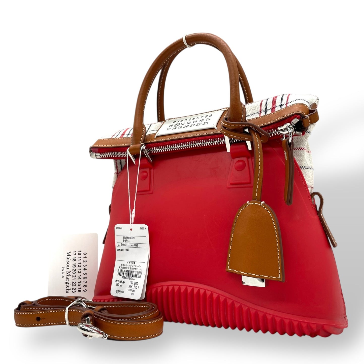 Authentic Maison Margiela 5AC 2WAY Mini Handbag Red Leather Canvas With Padlock & 4 Stitches Women's SB3WG0009 With Guarantee Card