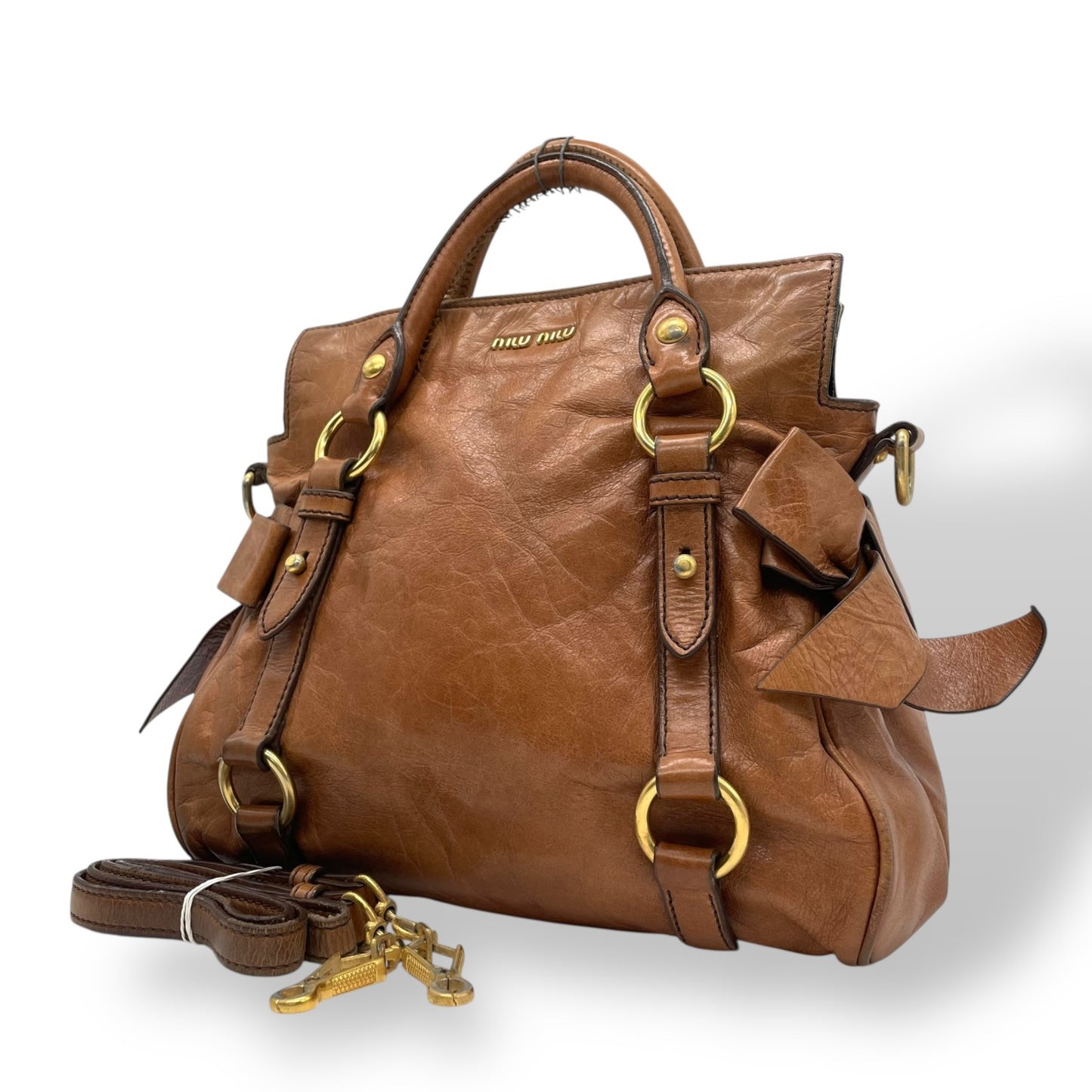 Authentic MIU MIU Vitello Lux 2WAY Gathered Handbag Shoulder Bag Brown Leather Gold Hardware Vintage