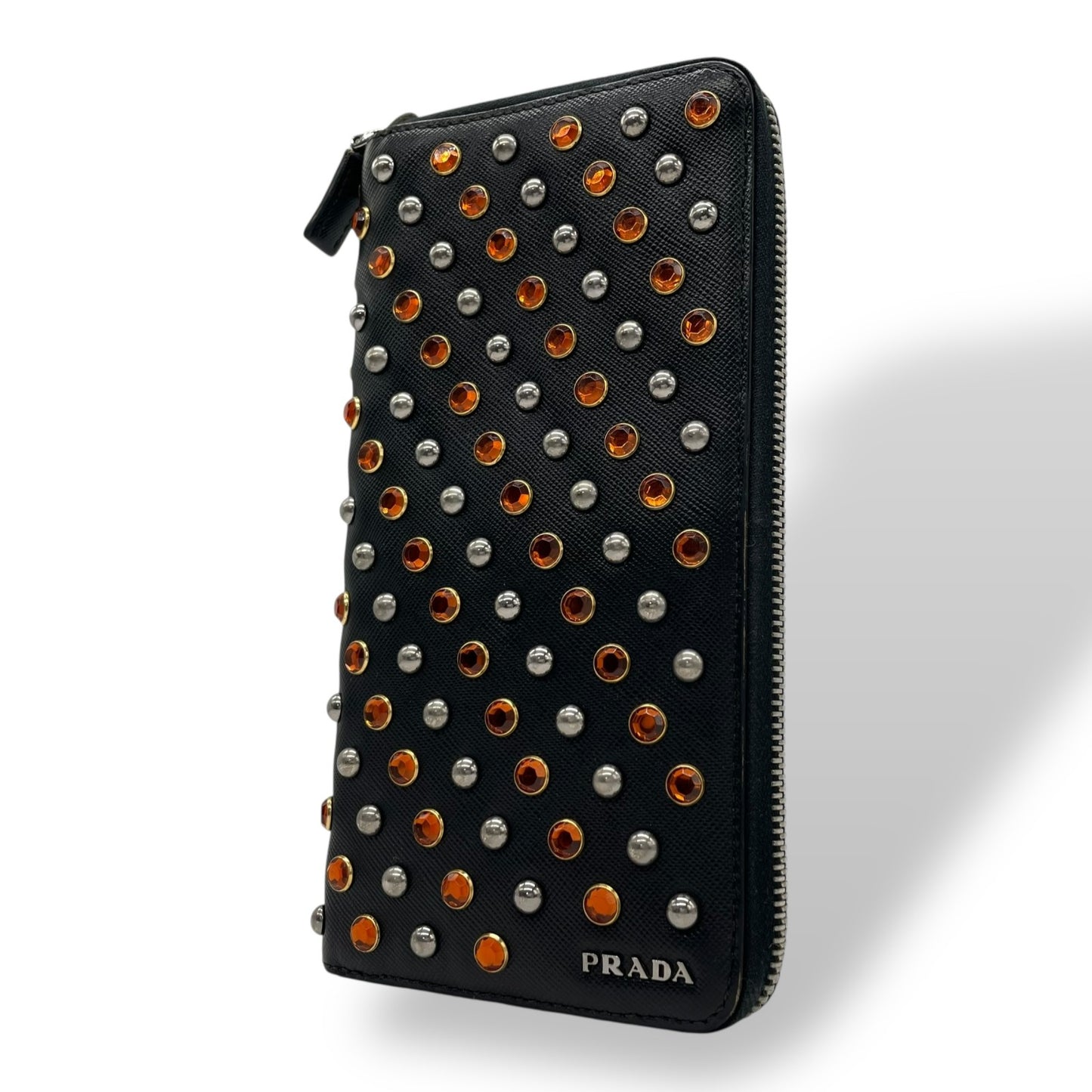 Authentic PRADA Round Zip Saffiano Leather Multicolor Studs Logo Wallet Black