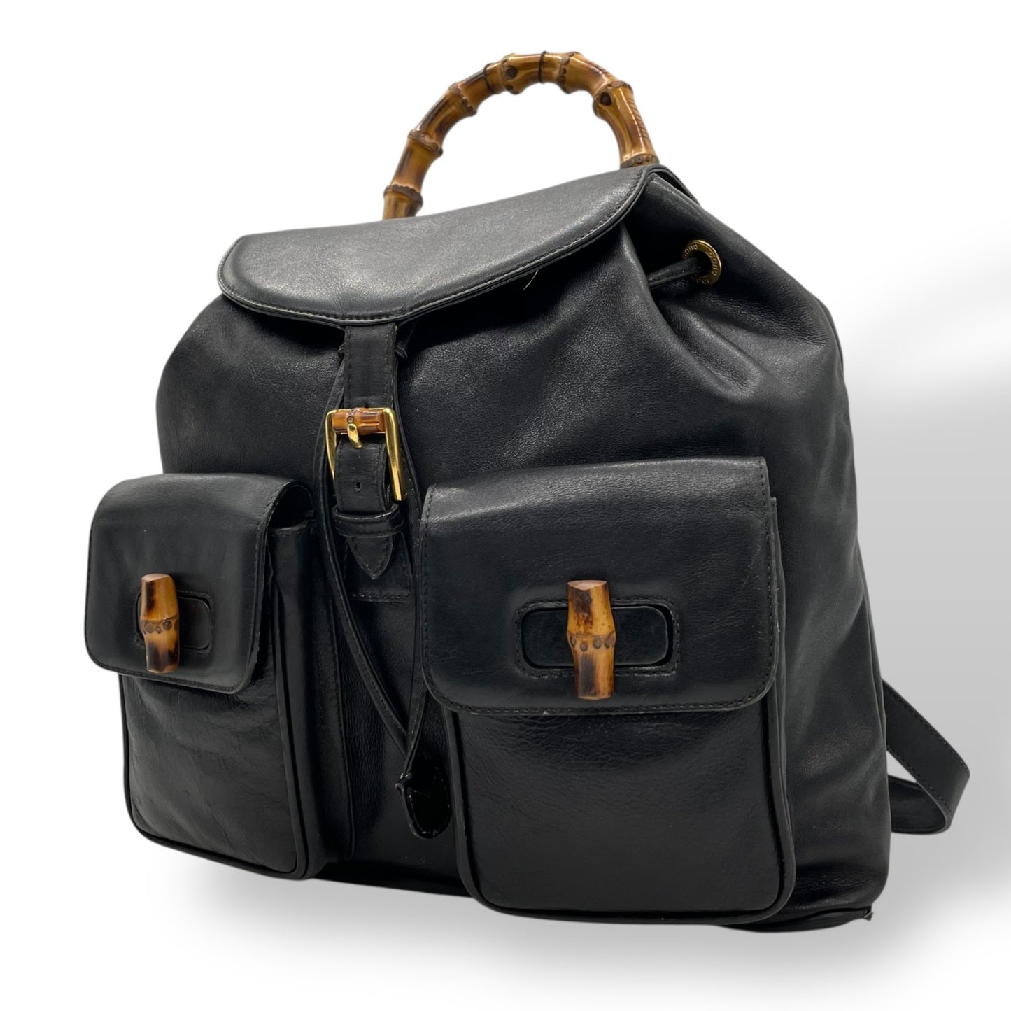 Authentic GUCCI Bamboo Backpack Black Leather Double Pocket Gold Hardware Vintage