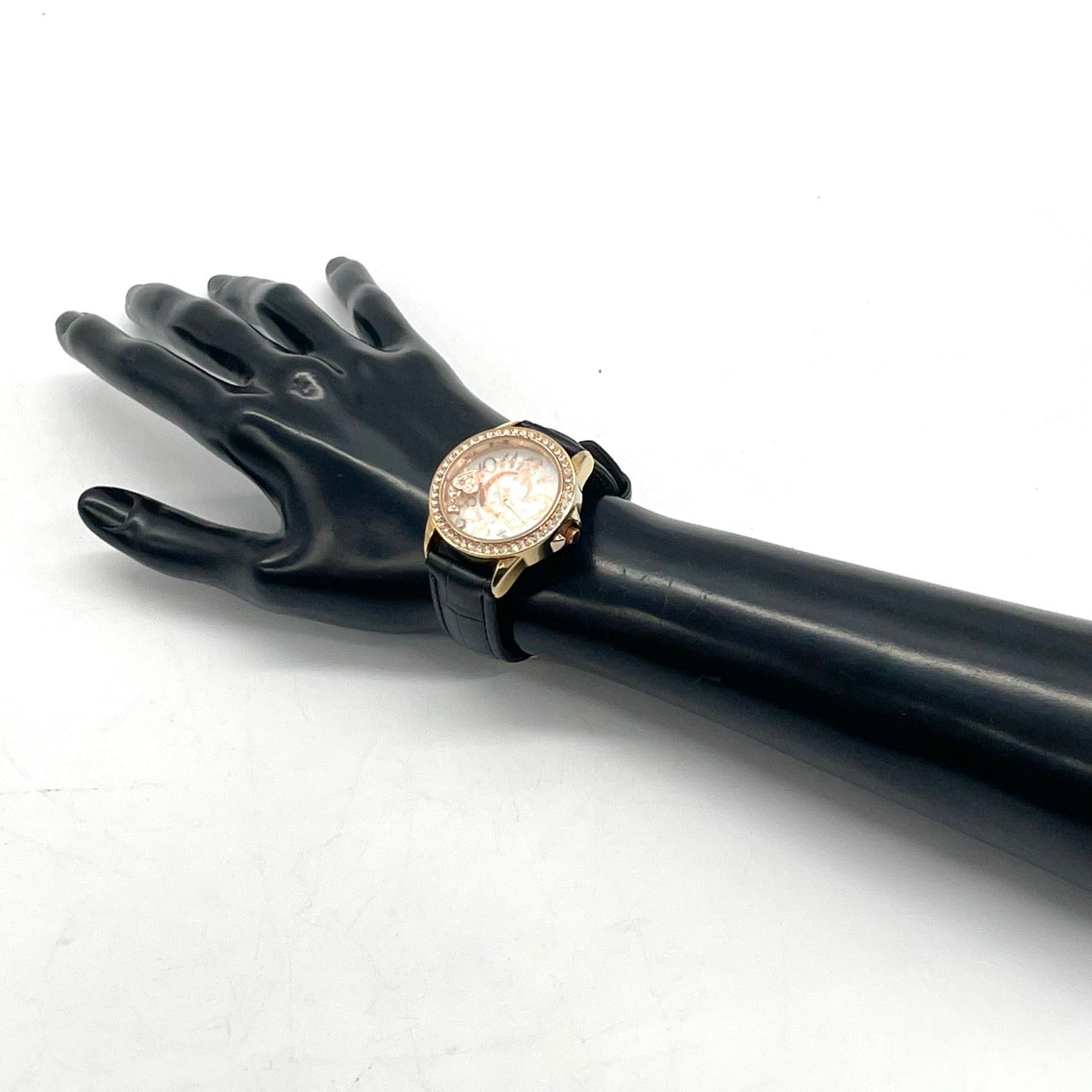 【稼働品/電池交換済】J-AXIS Lamue 腕時計 BL895 レディース クオーツ ゴールド 黒革ベルト ラインストーンベゼル ハートチャーム ギミック アナログ ラウンド ファッションウォッチ かわいい おしゃれ クリーニング済 G4