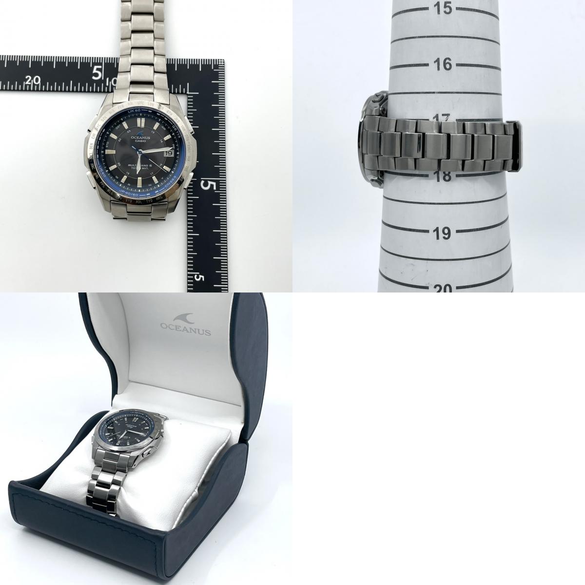 【稼働品/美品】カシオ オシアナス 腕時計 OCW-T100 メンズ 電波ソーラー チタンモデル タフソーラー MULTI BAND 6 アナログ デイト カレンダー シルバー ネイビー文字盤 ブルーベゼル ビジネス 高機能 箱付き クリーニング済み G
