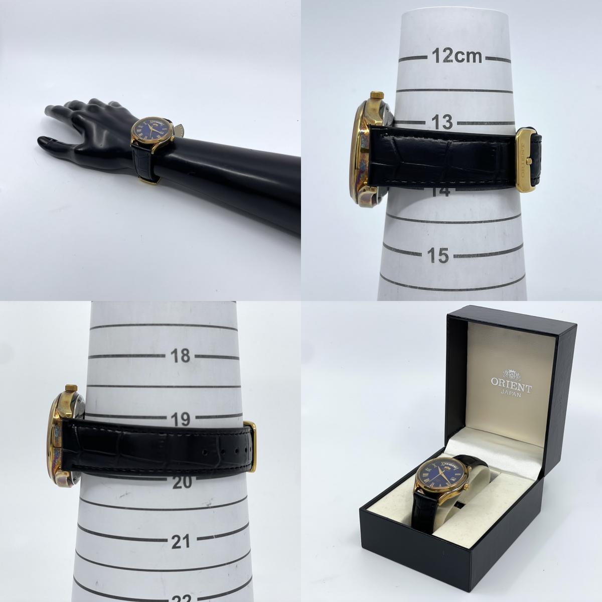 希少 稼働品 ORIENT オリエント メンズ 腕時計 自動巻き 21石 デイデイト ネイビー文字盤 ゴールド ローマンインデックス 裏スケ クラシック エレガント ドレスウォッチ ビジネス 高級感 クリーニング済み ヴィンテージ ベルト交換済 G