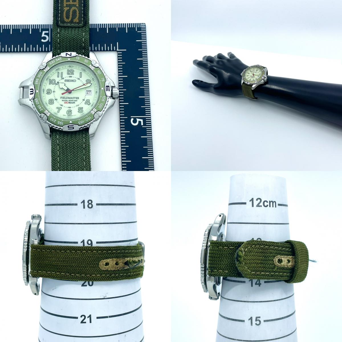 【電池交換済/稼働品】SEIKO セイコー FIELD MASTER フィールドマスター 7N35-6090 メンズ 腕時計 20BAR防水 方位磁針ベゼル ミリタリーウォッチ アウトドア カーキ グリーン クオーツ アナログ ビンテージ クリーニング済 G6