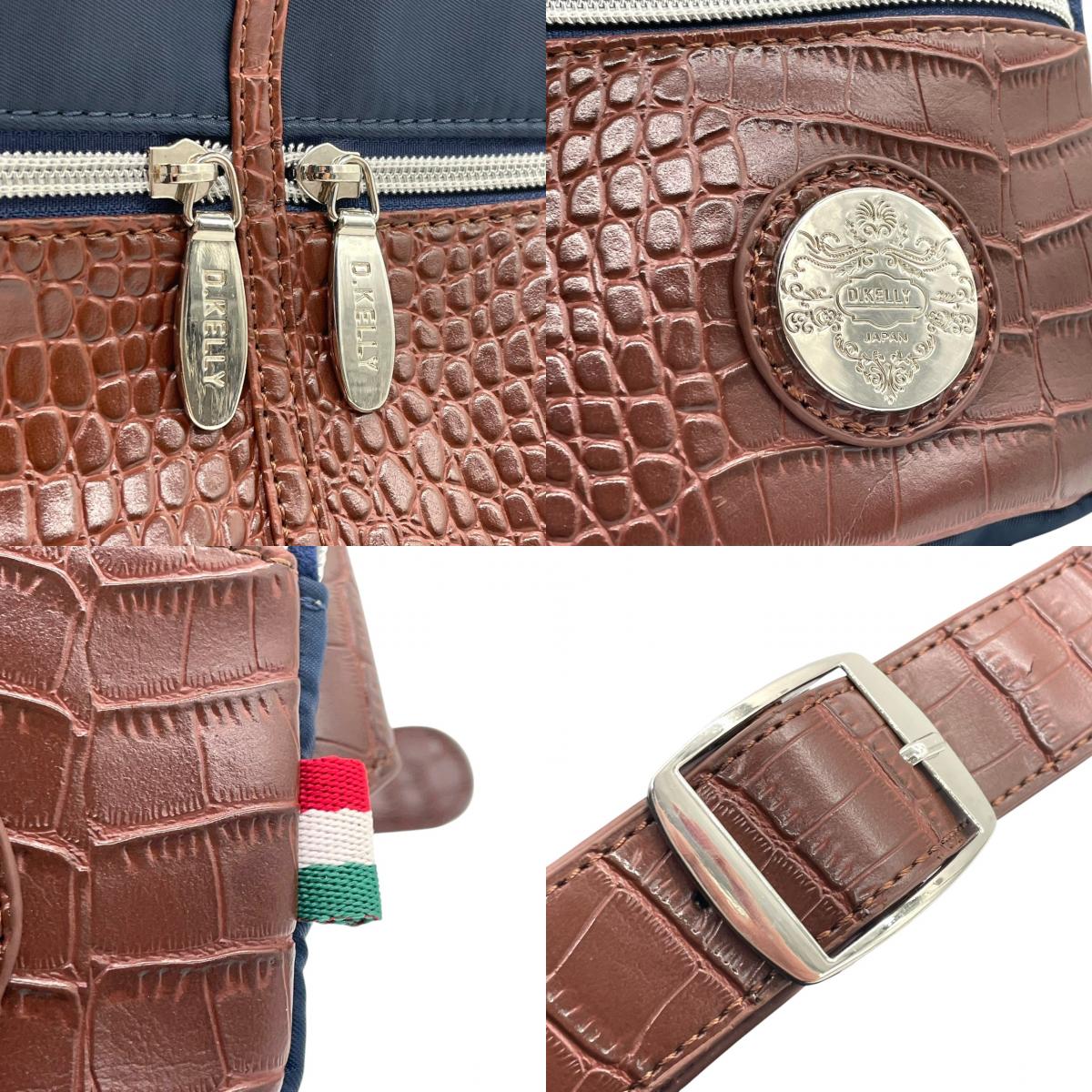 【美品】D.KELLY ディーケリー ボディバッグ ウエストバッグ スリングバッグ ワンショルダー 斜め掛け 型押しレザー ナイロン バイカラー ネイビー ブラウン メンズ レディース ユニセックス 軽量 スタイリッシュ 人気モデル クリーニング済み s1