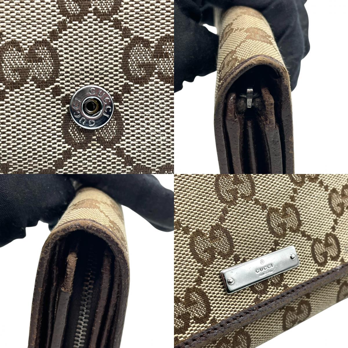 グッチ GUCCI 二つ折り財布 コンパクトウォレット GGキャンバス レザー ベージュ ダークブラウン 茶色 ロゴプレート シルバー金具 ホック開閉 イタリア製 レディース メンズ ユニセックス 男女兼用 カジュアル 小物 w5