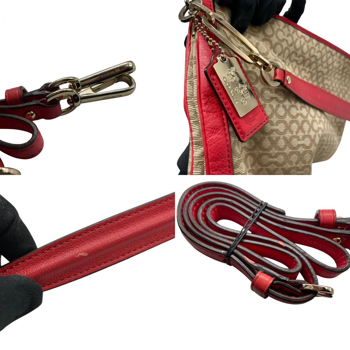 【美品】コーチ COACH マディソン ニードルポイント オプアート 2WAY ショルダーバッグ ハンドバッグ 斜め掛け キャンバス レザー ベージュ 赤 レッド 27904 A4収納可 軽量 カジュアル レディース 鞄 カバン E5