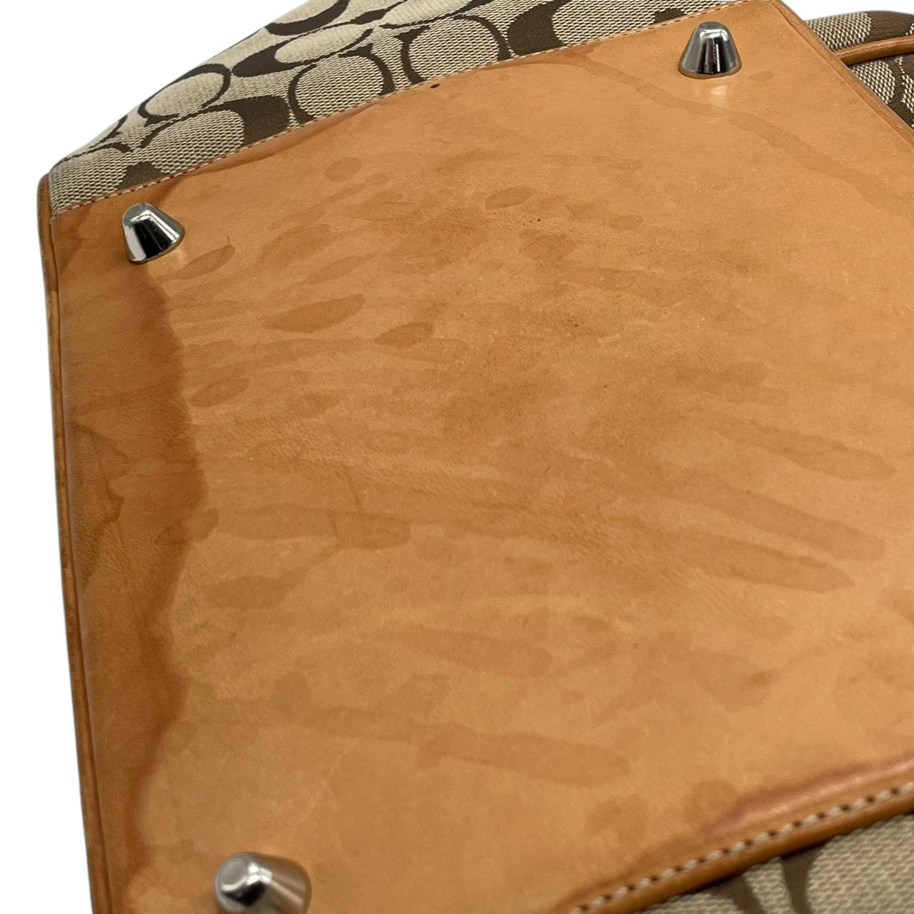 コーチ COACH トートバッグ ハンドバッグ シグネチャー キャンバス レザー 本革 ブラウン 茶色 ベージュ シルバー金具 A4収納可 肩掛け可 ワンショルダー 自立可 ヴィンテージ ビンテージ クラシック エレガント 希少 鞄 カバン 通勤 通学 s71