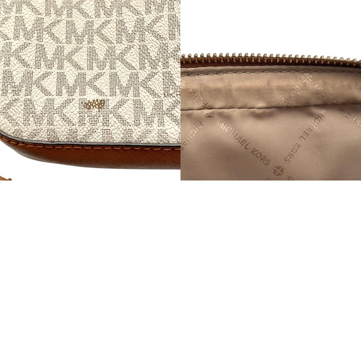 マイケルコース MICHAEL KORS ショルダーバッグ 斜め掛け可 肩掛け MKロゴ シグネチャー PVC レザー アイボリー ホワイト ベージュ ブラウン 茶色 総柄 ビンテージ クラシック エレガント 上品 スクエア 鞄 レディース 女子会 S85