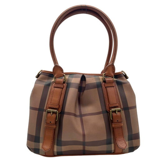 【美品】 バーバリー BURBERRY ハンドバッグ トートバッグ PVC レザー 本革 ブラウン 茶 メガチェック ノバチェック ゴールド金具 肩掛け お出かけ デイリー エレガント 上品 レディース 定番 人気 カバン S92