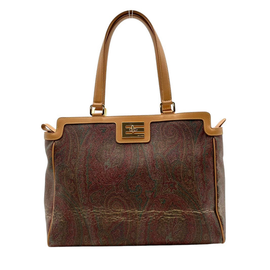 ETRO エトロ バッグ ペイズリー柄 トートバッグ ハンドバッグ 手提げ 肩掛け PVCコーティングキャンバス レザー ライトブラウン ブラウン マルチカラー ゴールド金具 ロゴ金具 A4収納 エレガント クラシック ヴィンテージ イタリア製 レディース S32