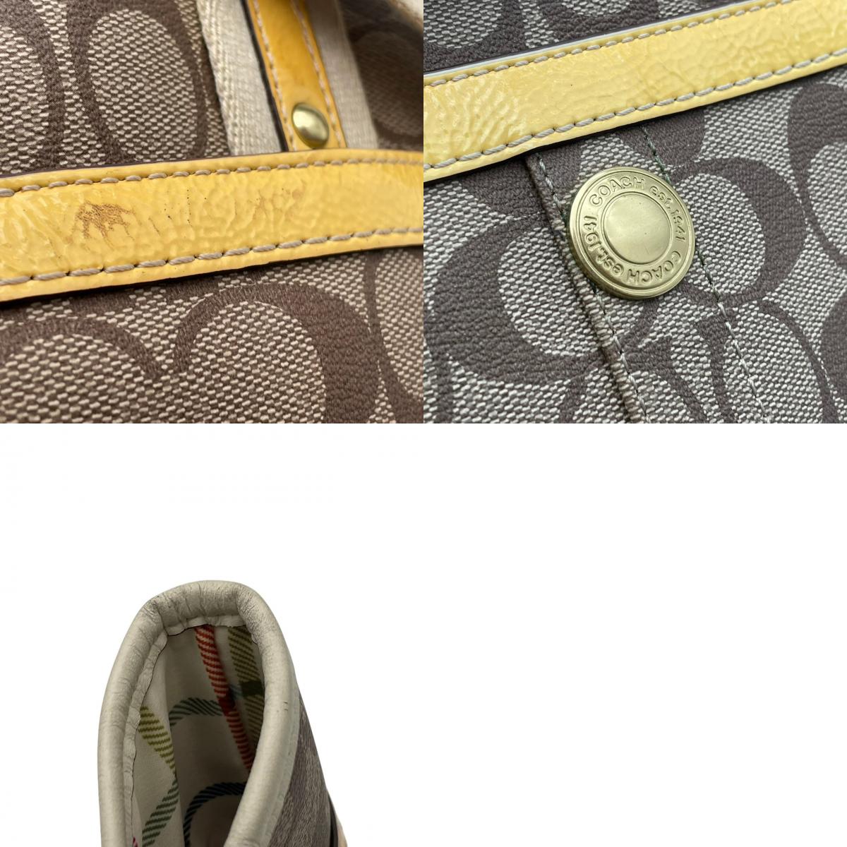良品 COACH コーチ 11350 ヘリテージ ストライプ シグネチャー トートバッグ ライトブラウン アイボリー PVC レザー ゴールド金具 ロゴ 馬車柄 肩掛け ハンドバッグ レディース キャンバス 大型ロゴ デイリー S99