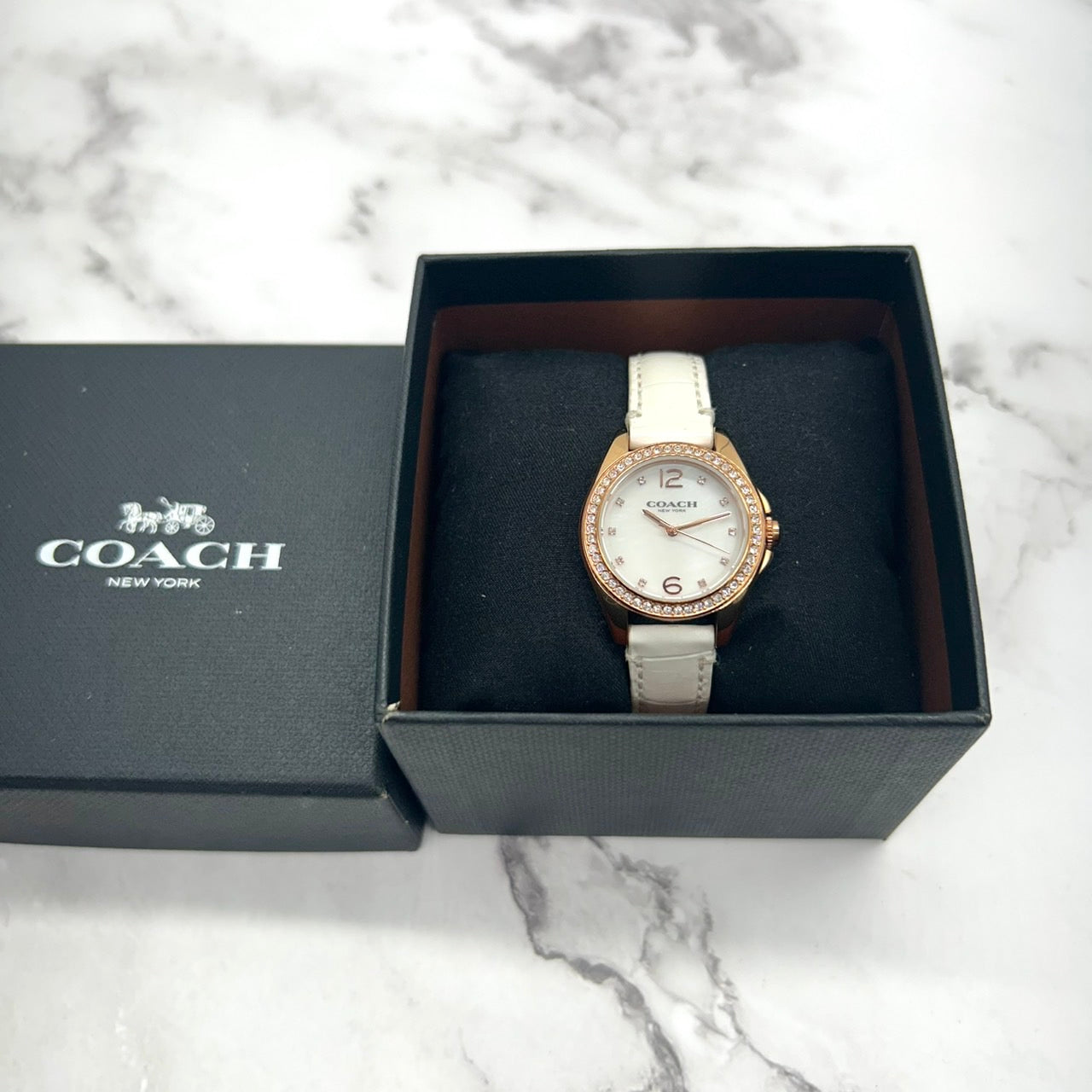 Authentic COACH Ladies Watch Rhinestone MOP Dial Gold White Leather w/Box