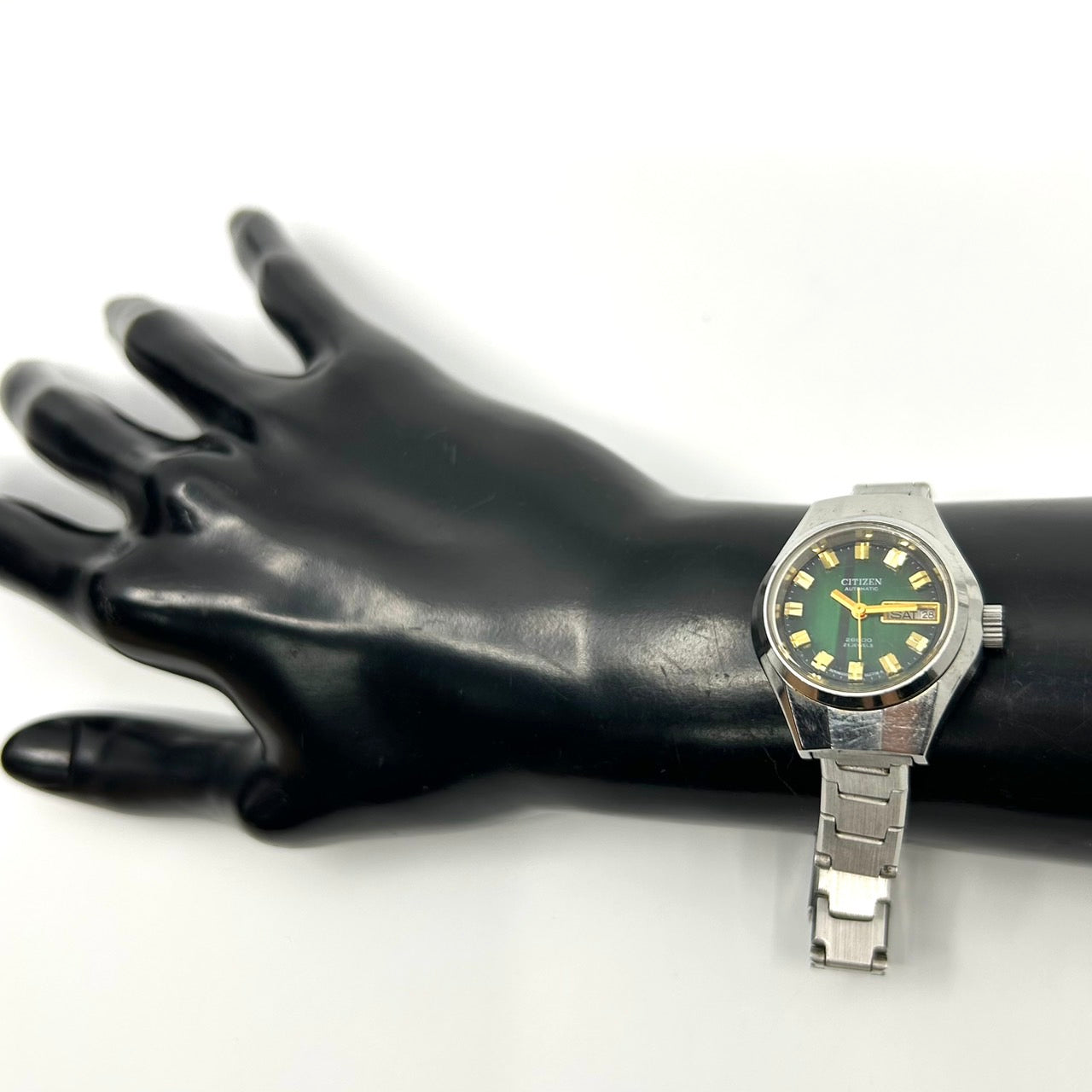 【稼働品】希少 citizen シチズン オートマチック 腕時計 レディース 4-661125 Y 自動巻き 21石 デイデイト グリーン文字盤 ビンテージ クラシック レトロ アナログ ドレスウォッチ シルバー カットガラス G5