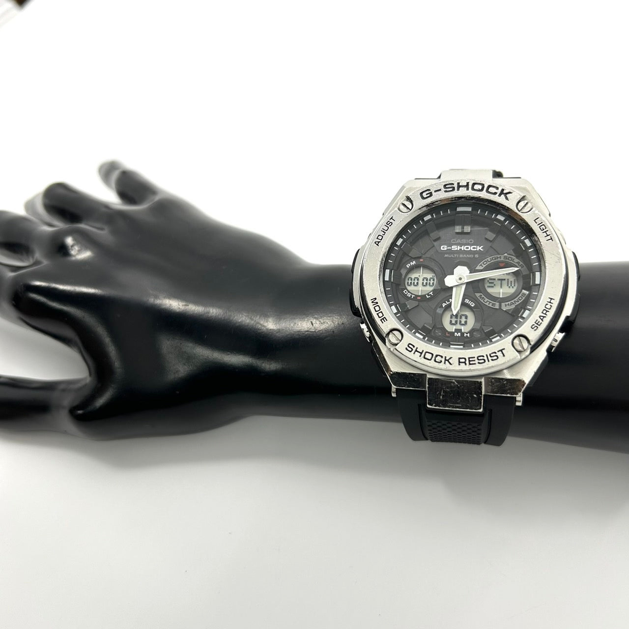 【稼働品】カシオ Gショック Gスチール 腕時計 GST-W110 メンズ タフソーラー 電波ソーラー デジアナ MULTI BAND 6 ブラック シルバー ラバーベルト ラウンド 高機能 耐衝撃構造 ストリート アウトドア カジュアル クリーニング済 G3