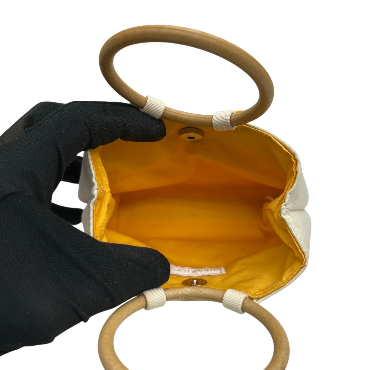 【美品/箱付き】ニナリッチ NINA RICCI ハンドバッグ ミニバッグ キャンバス ウッドハンドル リングハンドル ホワイト 白 リボンモチーフ レディース エレガント フェミニン パーティ コンパクト 自立可 クリーニング済み H