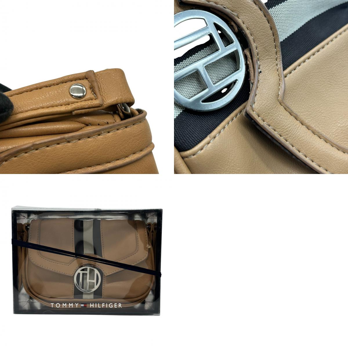 トミーヒルフィガー ハンドバッグ ワンショルダー 自立可 THロゴ Y2K 00s ストライプ レザー ベージュ キャメル レディース コンパクト ミニバッグ エレガント カジュアル お出かけ TOMMY HILFIGER 箱付き クリーニング済み R