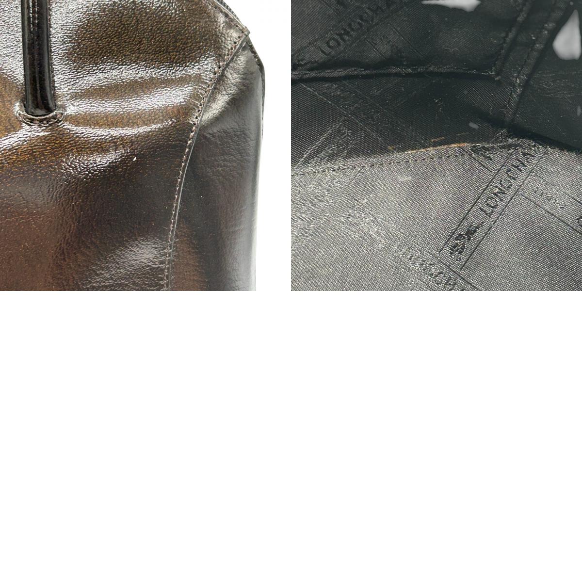 【美品】LONGCHAMP ロンシャン ロゾ ハンドバッグ トートバッグ 自立可 バンブー トグル パテントレザー エナメル ダークブラウン フランス製 レディース ビジネス 通勤 エレガント 人気モデル クリーニング済み E2