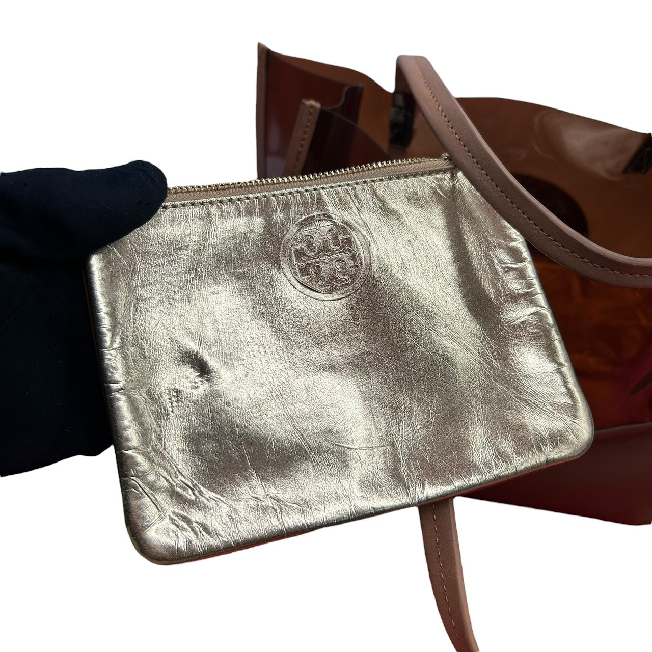 トリーバーチ TORY BURCH トートバッグ PVC クリア レザー 茶色 ブラウン系 パンチングロゴ ダブルT 上品 おしゃれ S66