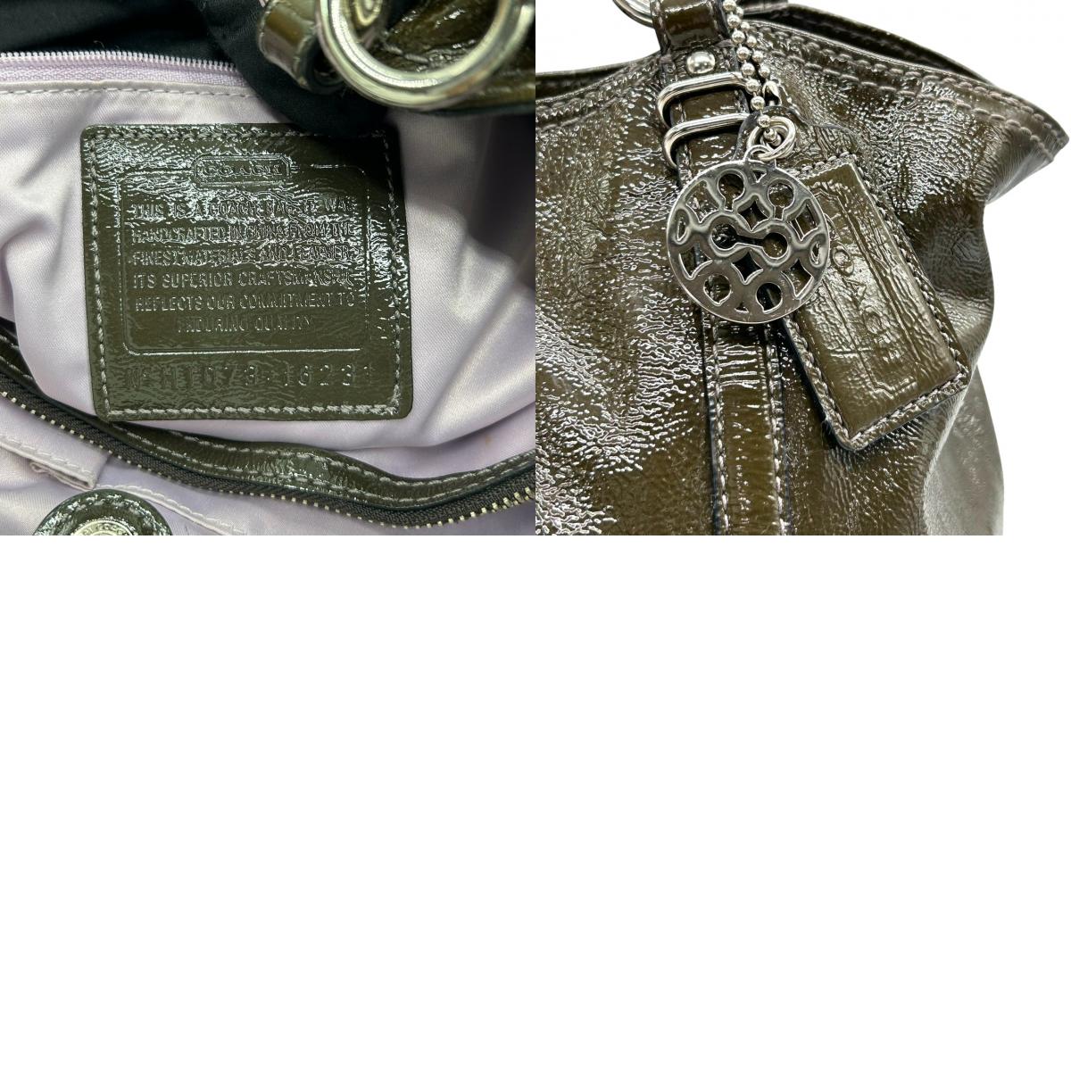 【COACH】コーチ ギャザー トートバッグ ワンショルダー F18231 大容量 A4収納可 パテントレザー エナメル グリーン カーキ系 チェーンハンドル レディース エレガント ビジネス 通勤通学 人気モデル クリーニング済み s86