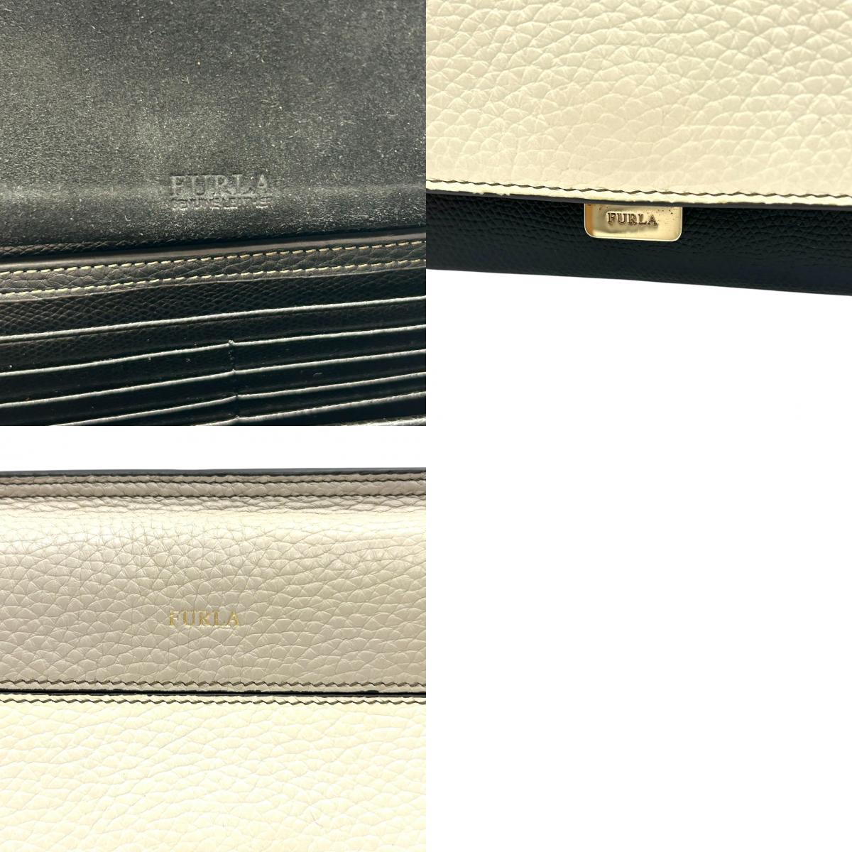 【未使用級/美品】FURLA フルラ ショルダーウォレット お財布ポシェット 2WAY クラッチバッグ 斜め掛け可 本革 レザー トリコロール ブラック グレー アイボリー ゴールド金具 カード多数収納 レディース 人気モデル クリーニング済み s57