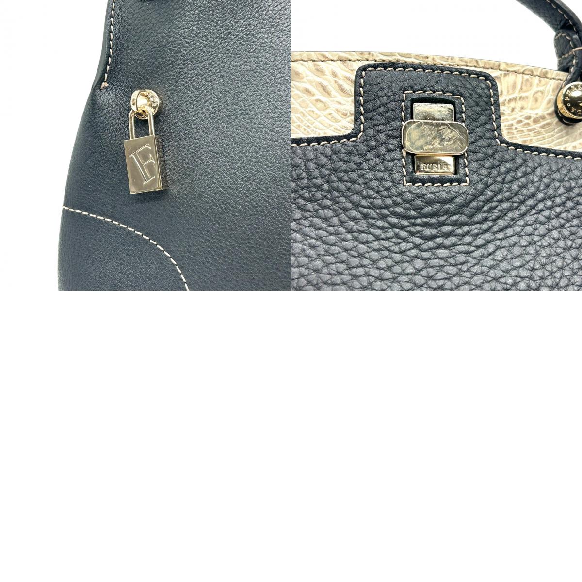フルラ 2WAY ハンドバッグ ショルダーバッグ レザー 型押しレザー ブラック ホワイト バイカラー ターンロック レディース エレガント フォーマル イタリア製 上品 高級感 通勤 お出かけ クリーニング済み 自立可 s40
