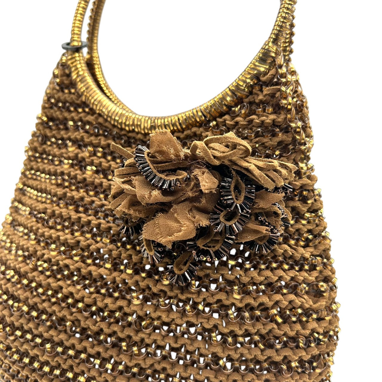 【美品】アンテプリマ ワイヤーバッグ ハンドバッグ ワンショルダー フラワーモチーフ コサージュ ブラウン ゴールド系 ビーズ レディース パーティ 結婚式 二次会 お呼ばれ 和装 エレガント 上品 華やか ゴージャス きらきら ANTEPRIMA s63