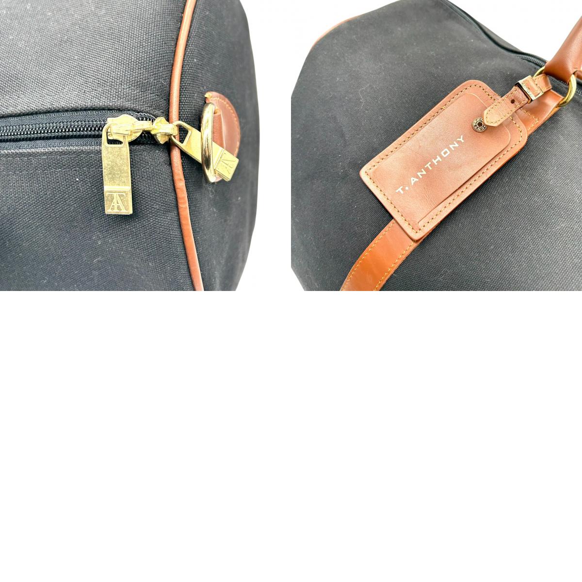 【美品】ティーアンソニー ボストンバッグ 2WAY ショルダーバッグ 斜め掛け可 大容量 旅行鞄 トラベル キャンバス レザー ブラック ブラウン メンズ レディース ユニセックス 出張 ゴルフ クラシック エレガント ネームタグ付き X3