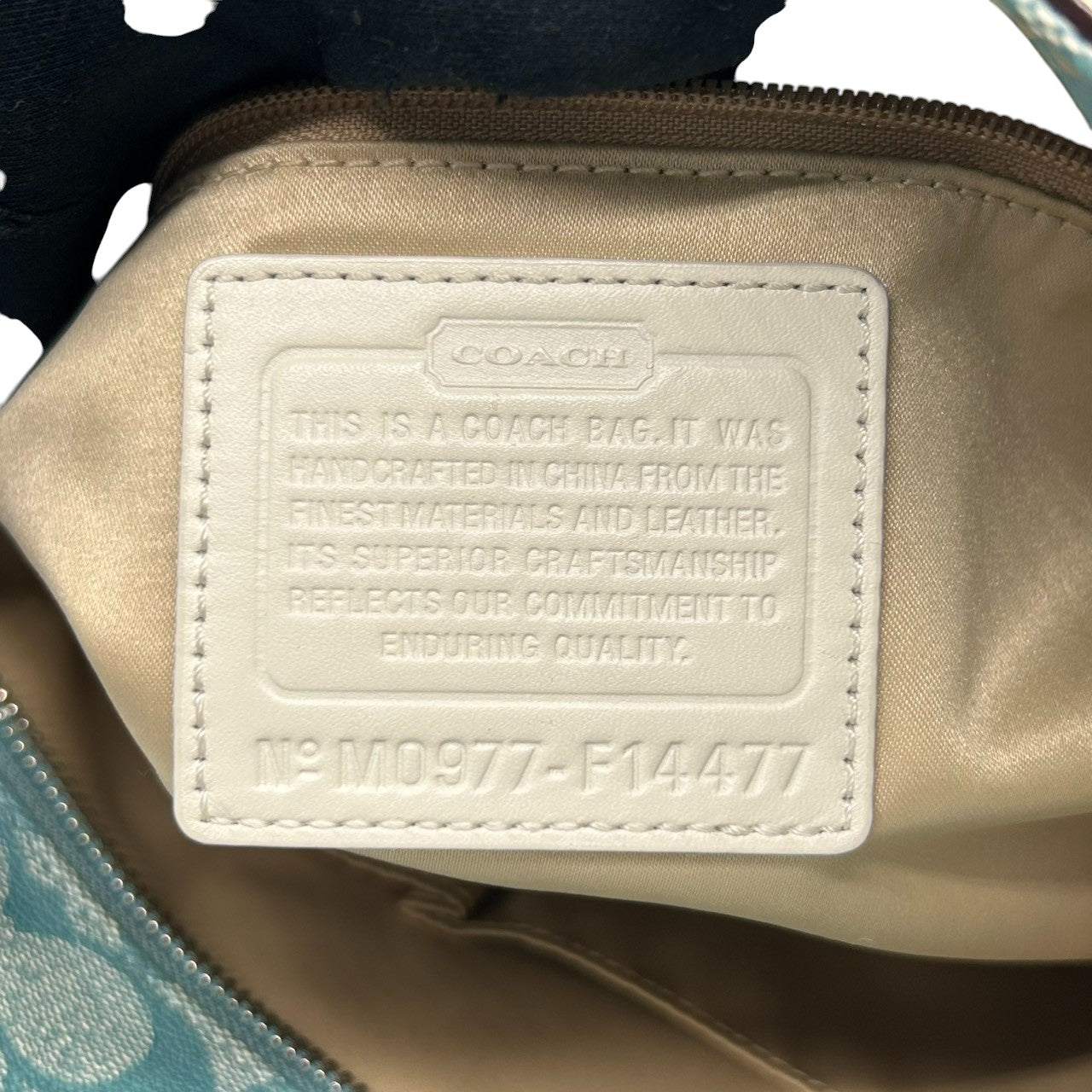 美品 コーチ COACH ヘリテージ ストライプ F14477 トートバッグ ショルダーバッグ 肩掛け PVC レザー シグネチャー 水色 ライトブルー 白 ホワイト A4収納可 レディース チャーム付 爽やか 通勤 通学 鞄 カバン s22