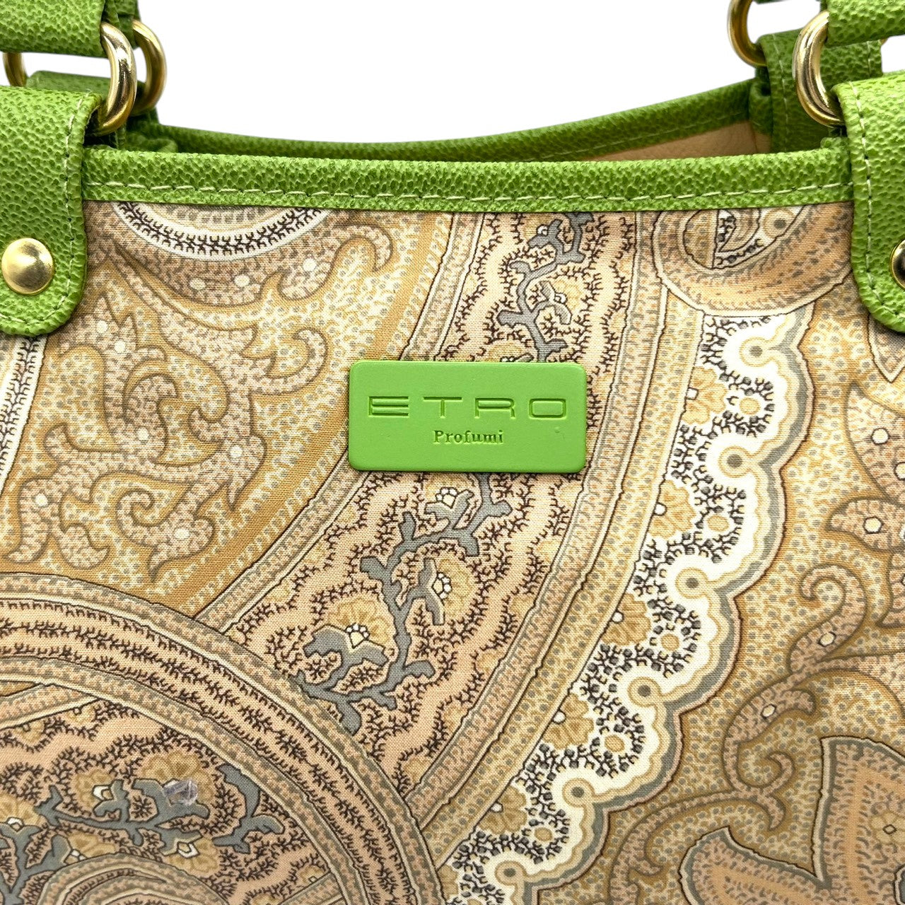 美品 エトロ ETRO ハンドバッグ トートバッグ ペイズリー柄 総柄 ナイロン レザー 本革 グリーン 黄緑 バイカラー ワンショルダー 肩掛け 軽量 Profumi プロフーミ レディース ビンテージ クラシック レトロ カジュアル 鞄 カバン s94