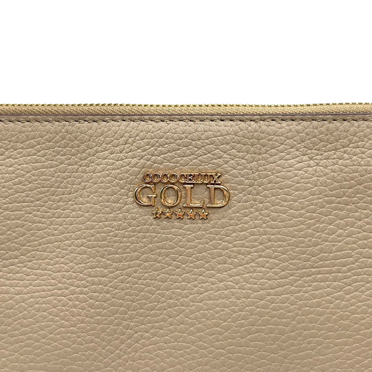 【美品】ココセリュックスゴールド COCOCELUX GOLD ハンドバッグ アクセサリーポーチ クラッチバッグ レザー 本革 シュリンクレザー グレージュ ベージュ ゴールド金具 ロゴ エレガント ラグジュアリー パーティー お出かけ レディース 鞄 s99