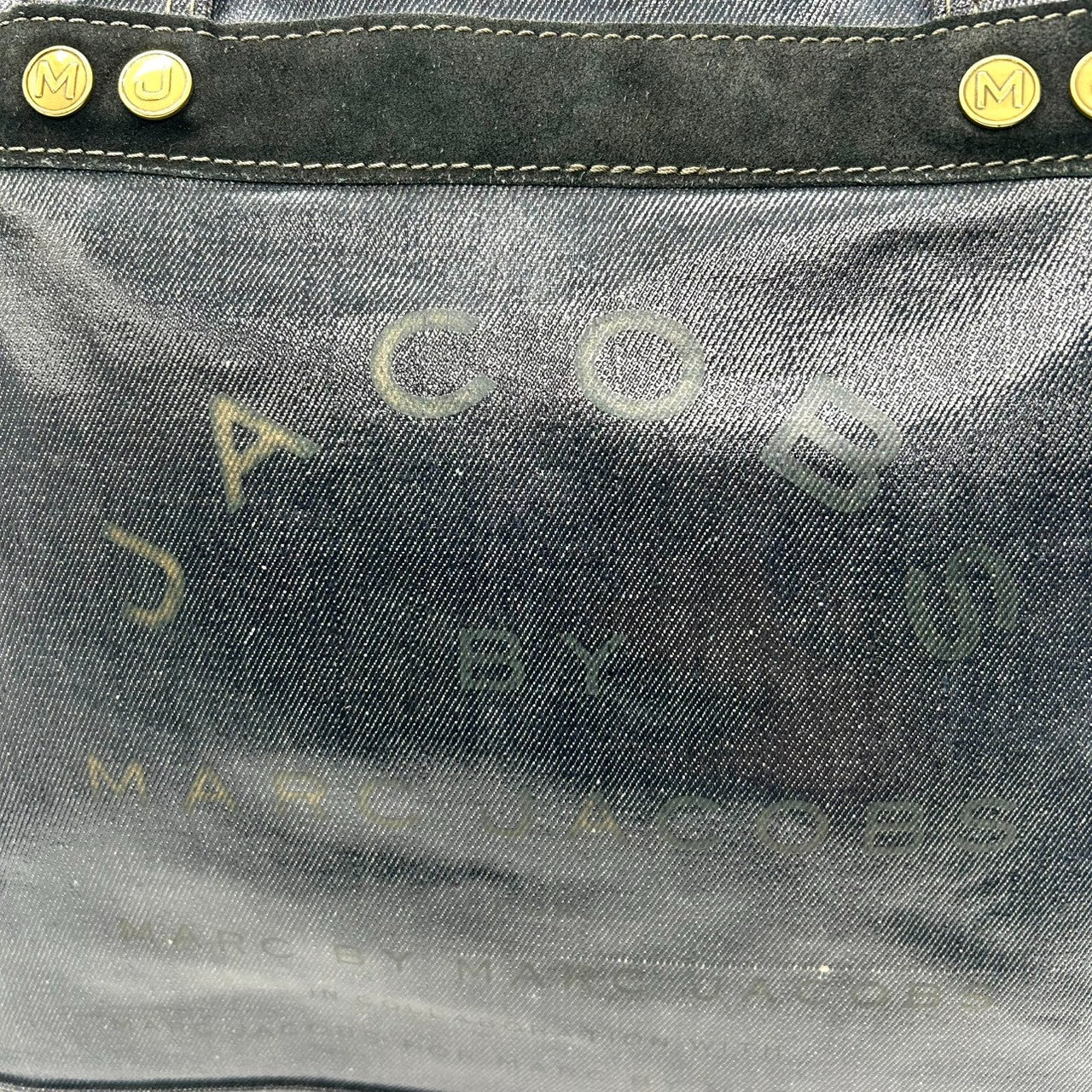 【良品】マークジェイコブス MARC JACOBS トートバッグ ワンショルダー PVC スエード ネイビー 紺 デニム調 スタッズ A4収納可 大容量 軽量 カジュアル 通学 通勤 レディース メンズ ユニセックス 鞄 カバン s8