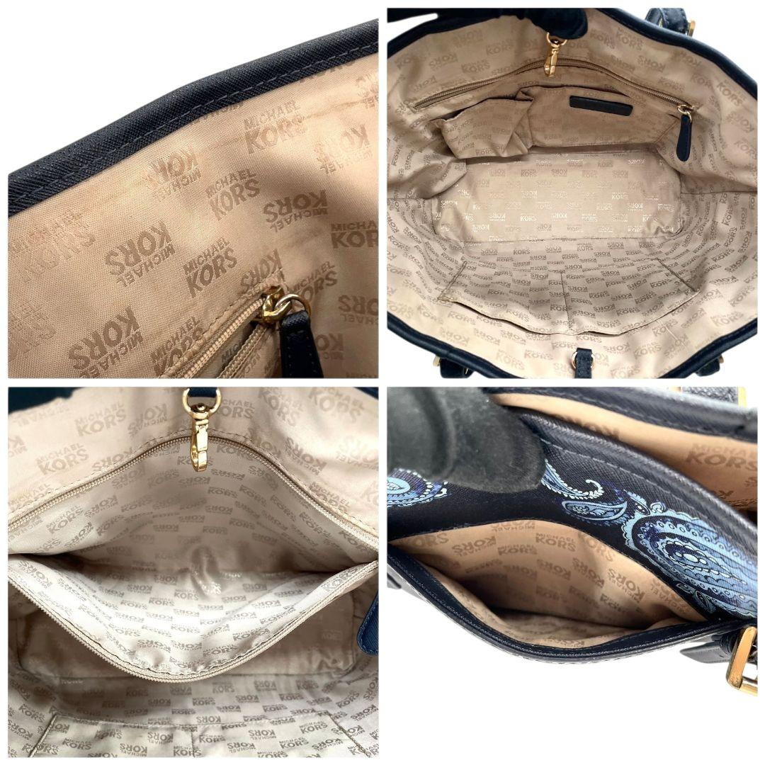 マイケルコース トートバッグ 紺 ペイズリー柄 ワンショルダー レザー T7 ハンドバッグ MICHAEL KORS A4収納 本革 肩掛け可 肩かけ可 ゴールド金具 ロゴプレート ネイビー