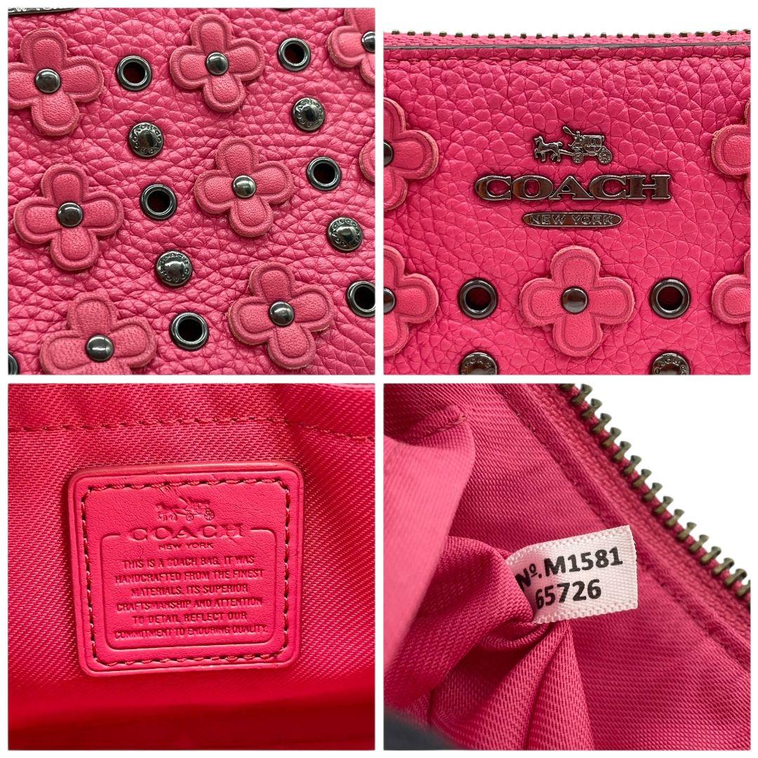 美品 コーチ ハンドバッグ ピンク 花柄 スタッズ レザー ポーチ アクセサリーポーチ 本革 チェーン トートバッグ ロゴプレート ロゴタグ チャーム付き COACH s80