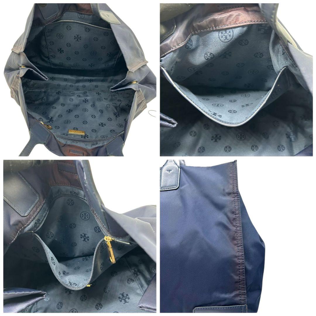 トリーバーチ トートバッグ 紺 デカロゴ A4収納 ワンショルダー T8 ハンドバッグ 肩掛け可 肩かけ可 ネイビー レザー 本革 ナイロン ロゴプレート TORY BURCH