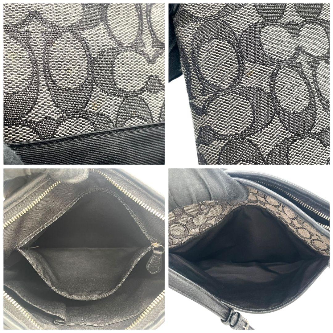 美品 コーチ ショルダーバッグ グレー シグネチャー 斜め掛け可 キャンバス s9 ロゴプレート シルバー金具 ブラック レザー 本革 COACH