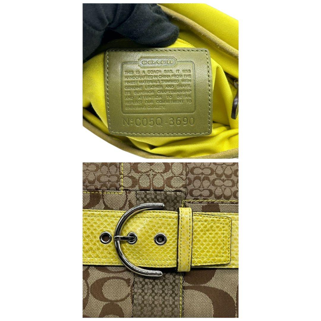 コーチ COACH ショルダーバッグ 茶 ブラウン シグネチャー パッチワーク ベルト 斜め掛け可 ハンドバッグ キャンバス レザー 本革 スエード イエロー グリーン 黄 緑 シルバー金具 チャーム付き 3690 s76