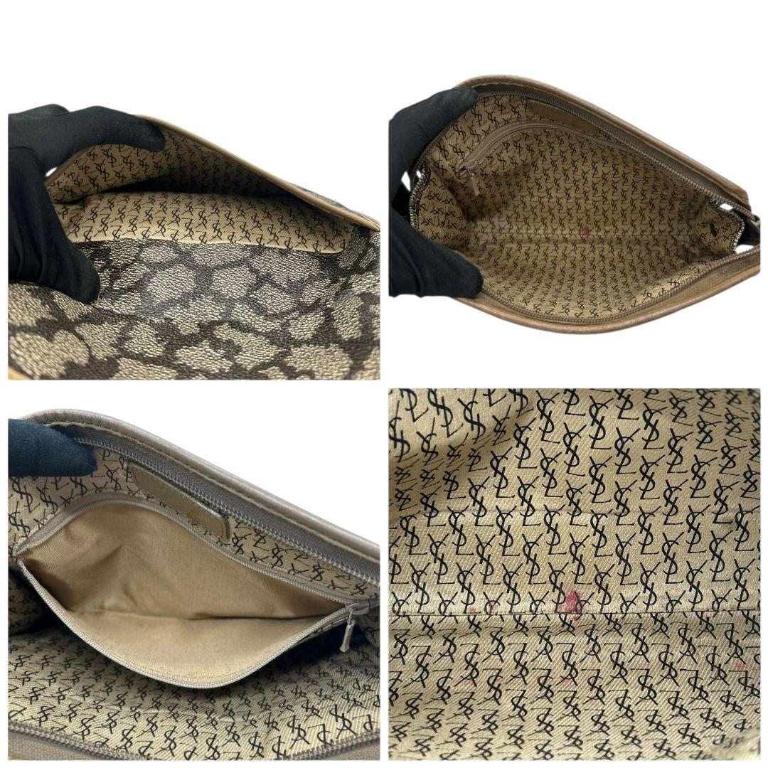 イヴサンローラン ポーチ 茶 総柄 YSLロゴ セカンドバッグ PVC s48 クラッチバッグ YVES SAINT LAURENT レザー 本革 ゴールド金具 ロゴプレート ブラウン ベージュ ヴィンテージ