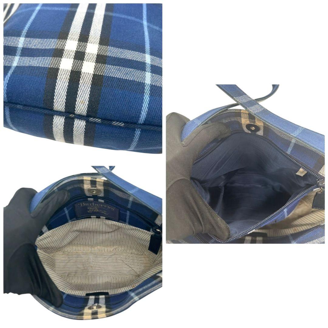 バーバリー チェック柄 キャンバス ショルダーバッグ ブルー ネイビー ホースロゴ ワンショルダー トートバッグ ハンドバッグ 総柄