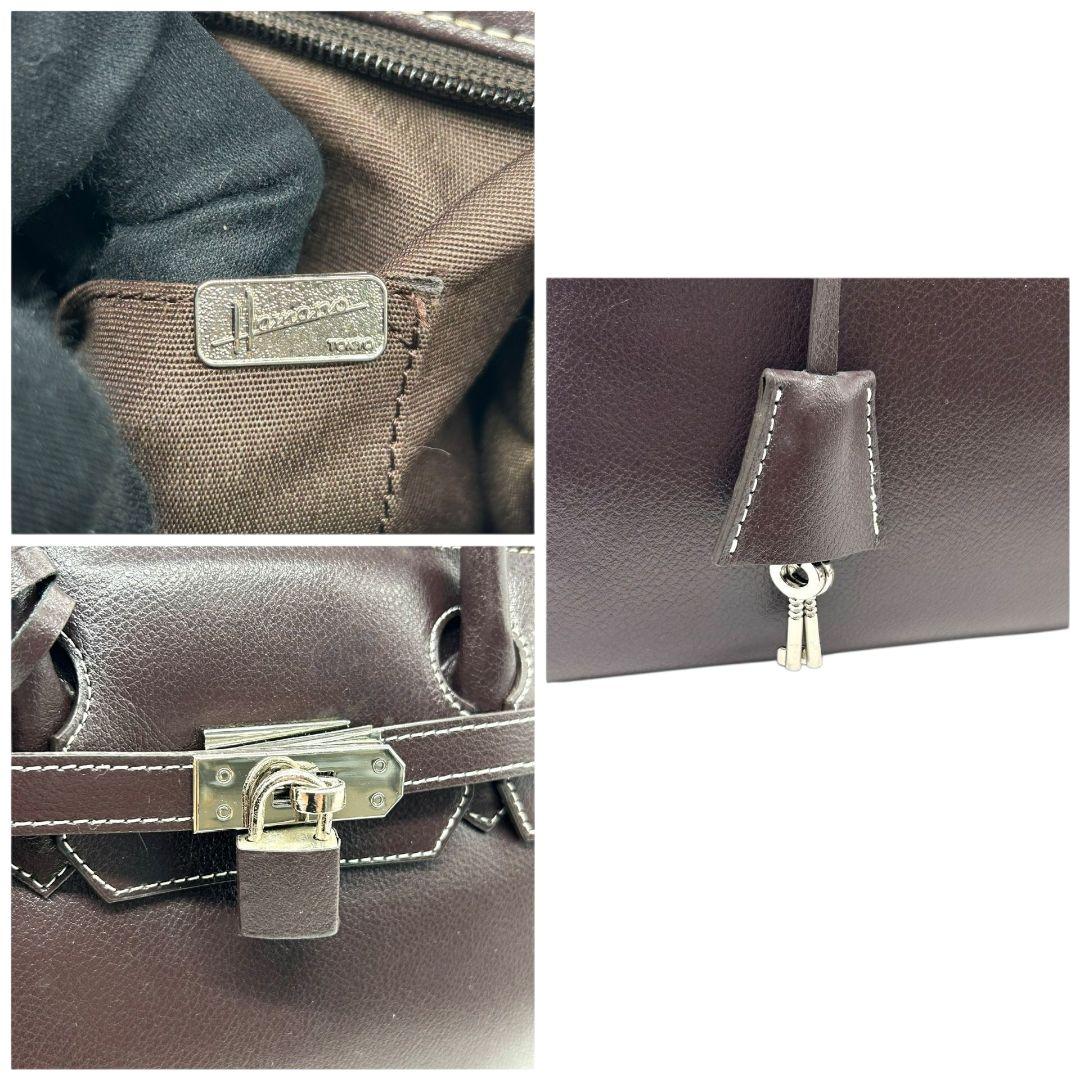 濱野 HAMANO ハンドバッグ 茶 ブラウン レザー 本革 カデナ 鍵付き 自立可 トートバッグ 南京錠 ロゴプレート シルバー金具 チャーム おしゃれ I