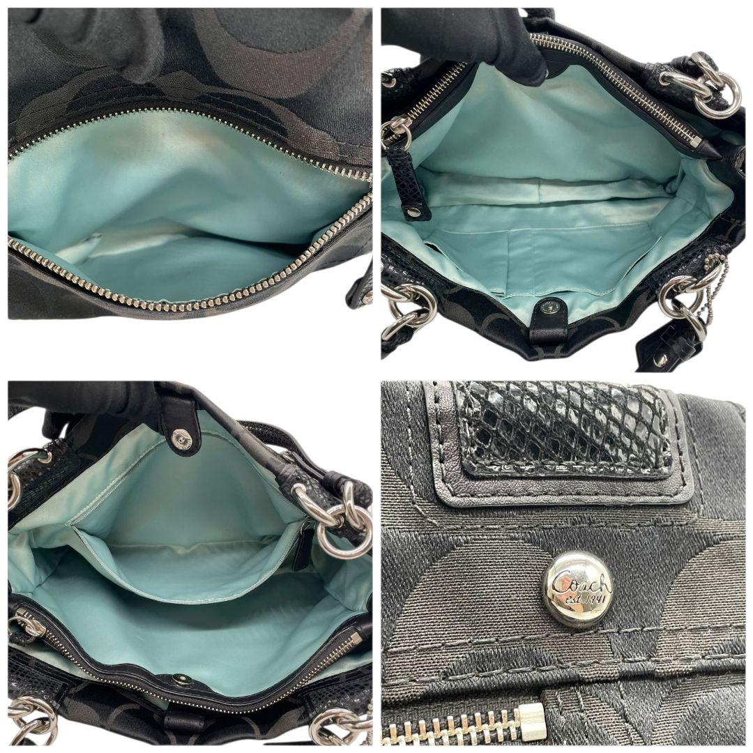 コーチ シグネチャー ワンショルダー ハンドバッグ ブラック レザー キャンバス トートバッグ ターンロック 本革 シルバー金具 ロゴタグ 肩掛け可