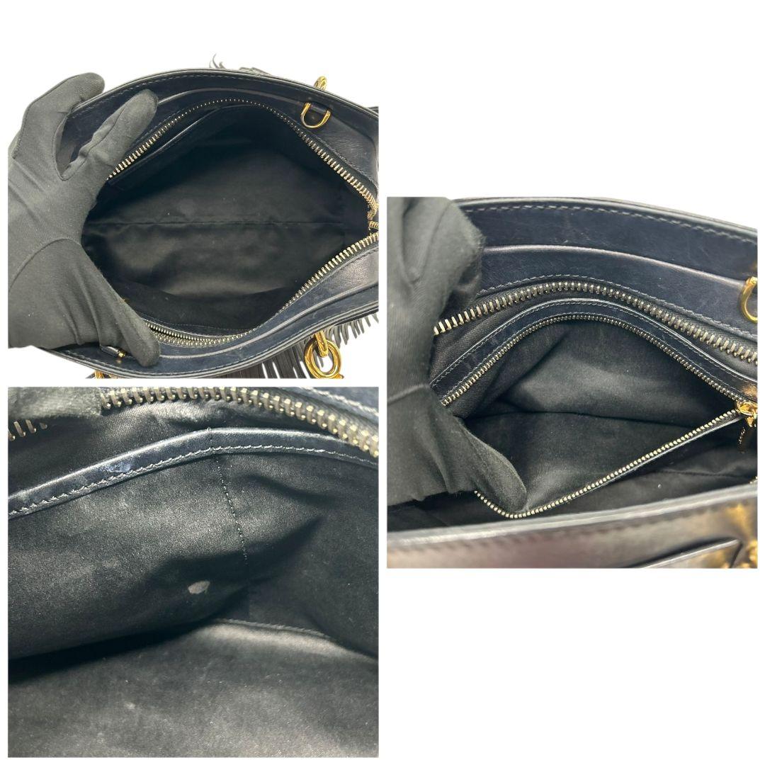 トッズ フリンジ レザー ハンドバッグ ブラック ゴールド金具 ブランドロゴ トートバッグ 自立可