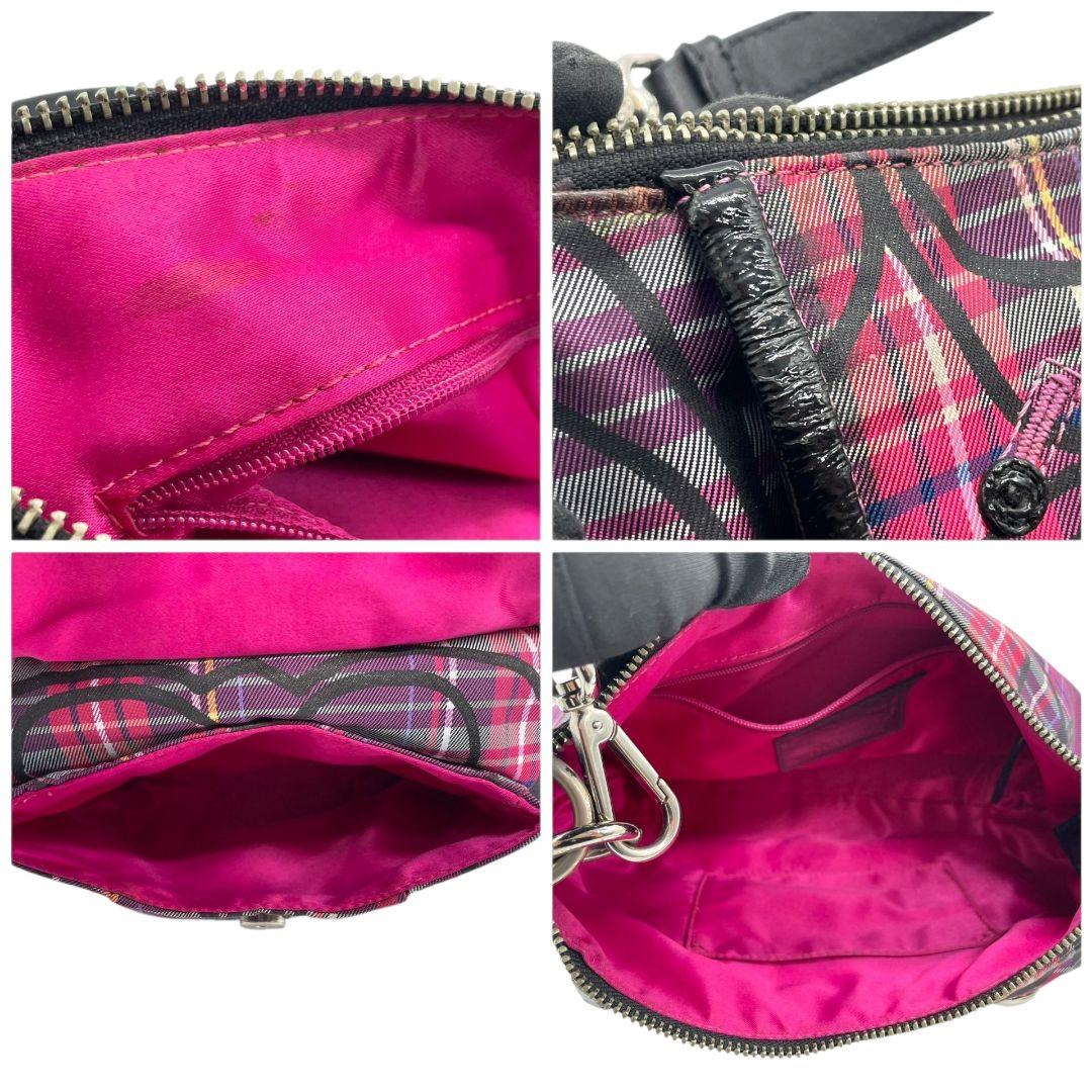 美品 コーチ ショルダーバッグ ピンク チェック柄 シグネチャー 斜め掛け可 u14 ナイロン レザー 本革 ロゴボタン シルバー金具 パープル ブラック COACH 14366