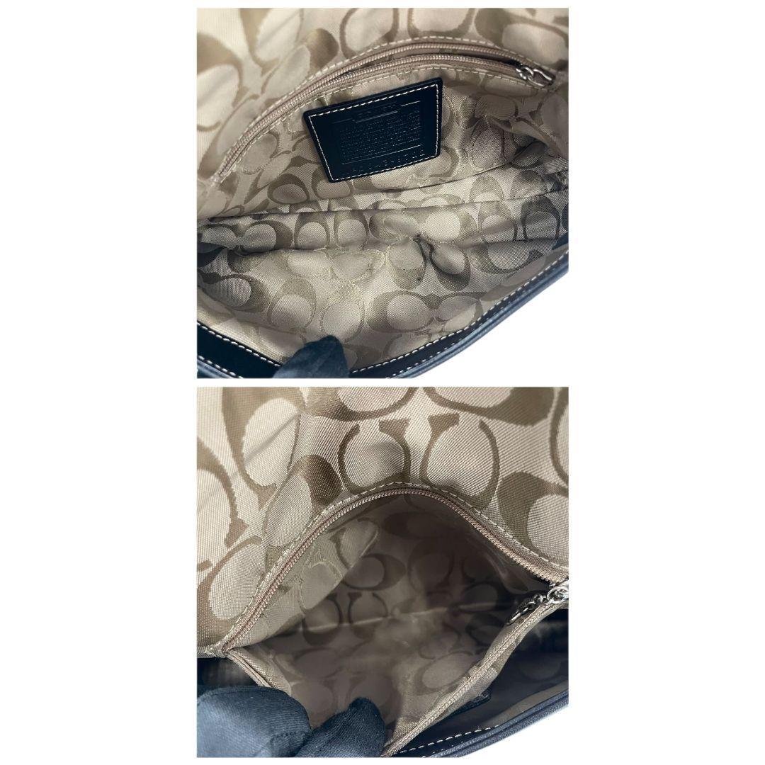 美品 コーチ ショルダーバッグ 黒 フラップ レザー 本革 s33 9722 肩掛け可 ブラック トートバッグ ロゴチャーム シルバー金具 COACH ハンドバッグ エレガント シンプル