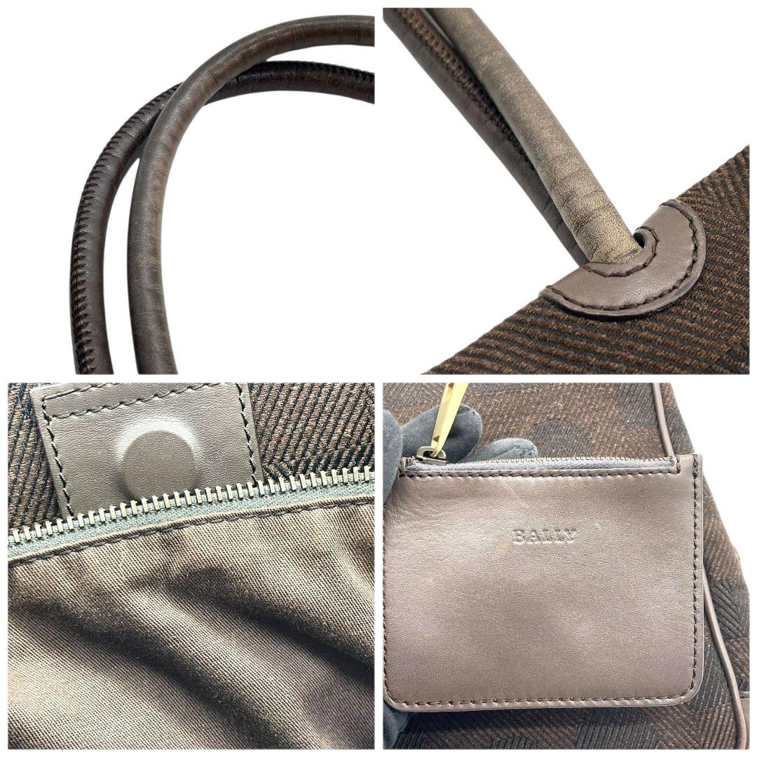 美品 バリー トートバッグ 茶 ブラウン ウール レザー 本革 ワンショル 肩掛け可 u11 ロゴ チャーム付き ゴールド金具 BALLY 上品 シンプル デイリーバッグ