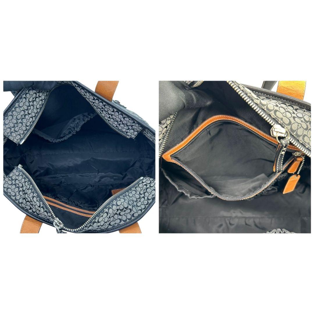 美品 コーチ トートバッグ 黒 ブラック グレー ブラウン 茶 ミニシグネチャー ワンショルダー A4収納 キャンバス レザー 本革 肩掛け可 自立可 シルバー金具 ハンドバッグ COACH 5707 U17