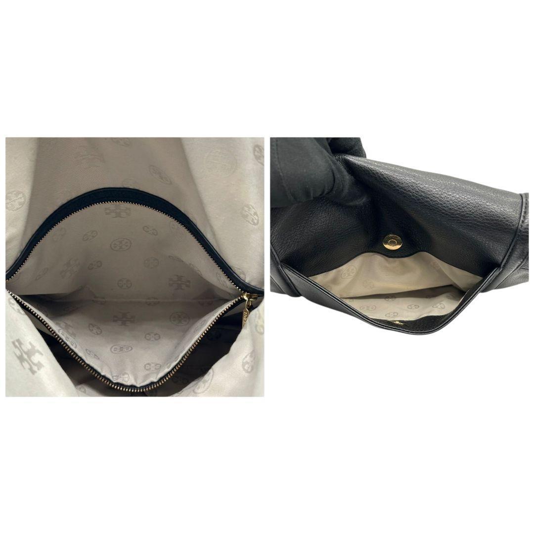 美品 トリーバーチ ショルダーバッグ 黒 デカロゴ フラップ s10 本革 A4収納 斜め掛け可 ブラック ゴールド金具 Tory Burch 上品 高級感