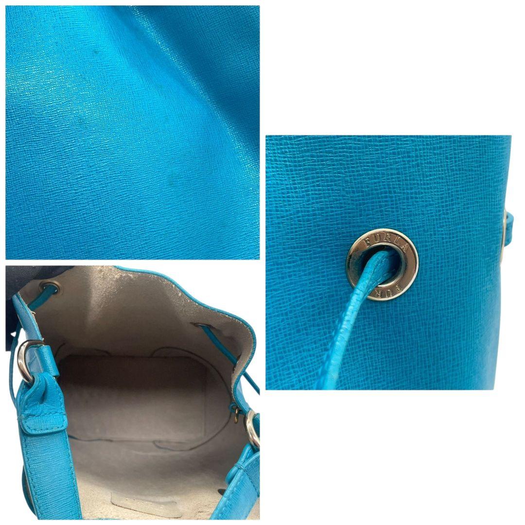 FURLA フルラ ショルダーバッグ バケツ型 巾着 2way 斜め掛け可 レザー 本革 ブルー系 ゴールド金具 ロゴ ハンドバッグ トート u14