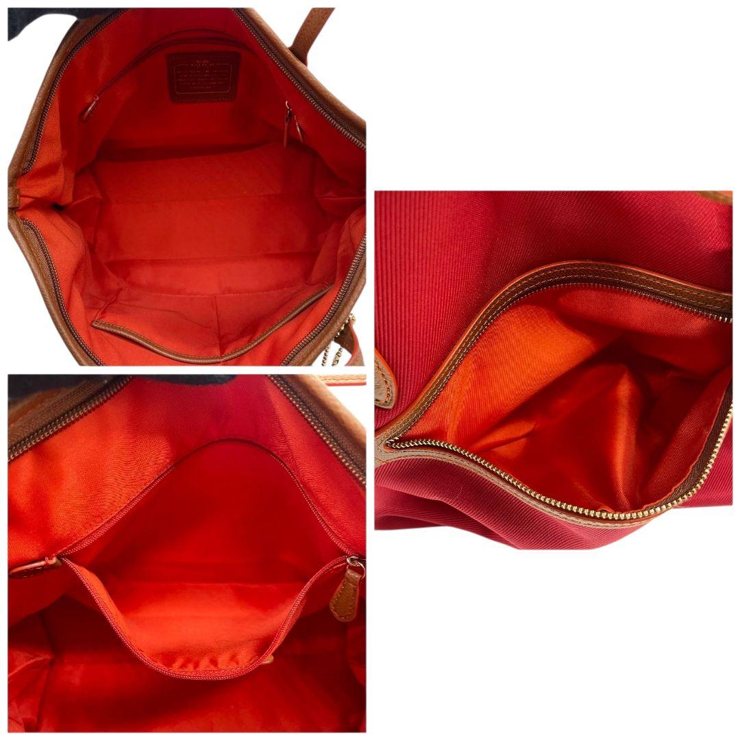 美品 コーチ トートバッグ 赤 A4収納 ワンショルダー キャンバス u16 ハンドバッグ 肩掛け可 肩かけ可 レッド レザー ゴールド金具 ロゴプレート ロゴタグ チャーム付き COACH F37237